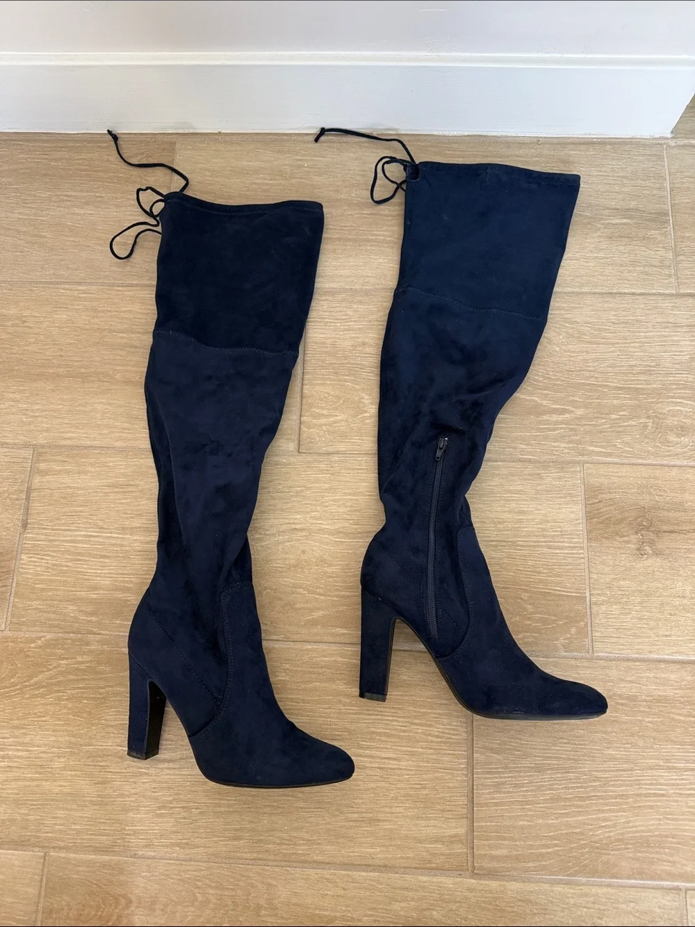Women's Over-the-Knee High Heel Boots - Navy Suede